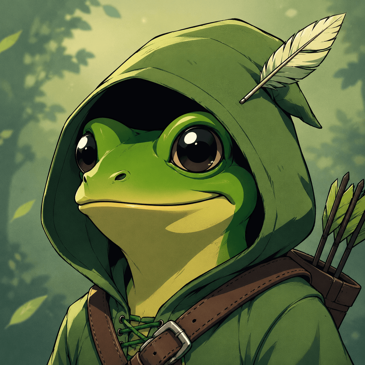 A frog archer in a green hood, waiting under the canopy